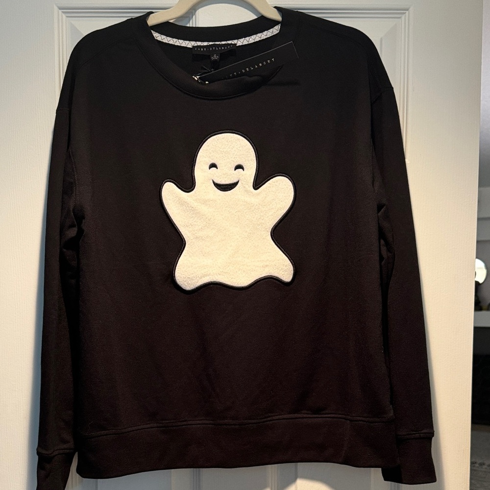 Jane and Delancey Soft Black Sweater with White Ghost Design (Halloween)